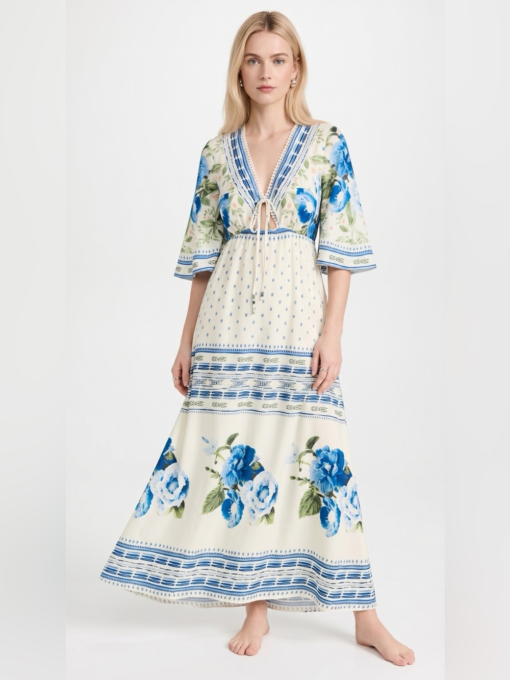 Floral V-Neck Maxi Dress in Cream and Blue